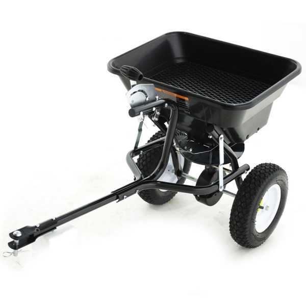 Geotech trailed fertilizer spreader and seeder for riding-on-mowers